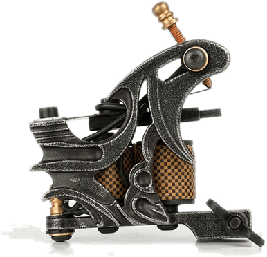 A detailed image of a vintage-style tattoo machine with a metallic frame and visible copper coil accents, reminiscent of tools used by tattoo artists in Nassau County, NY. The design features curved openings and a brass screw at the top, enhancing its intricate appearance.